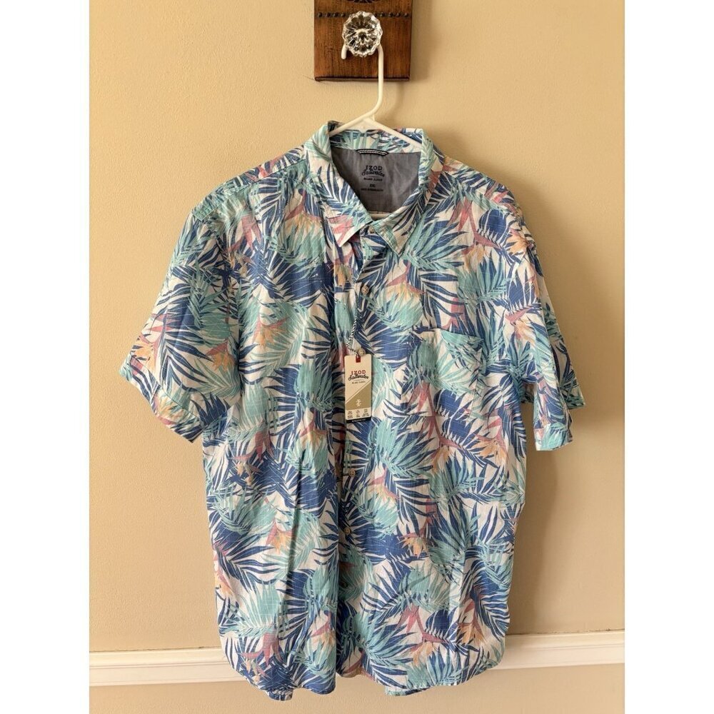 NWT Izod Saltwater Shirt Size XXL Hawaiian Floral Blue Short Sleeve Cotton
